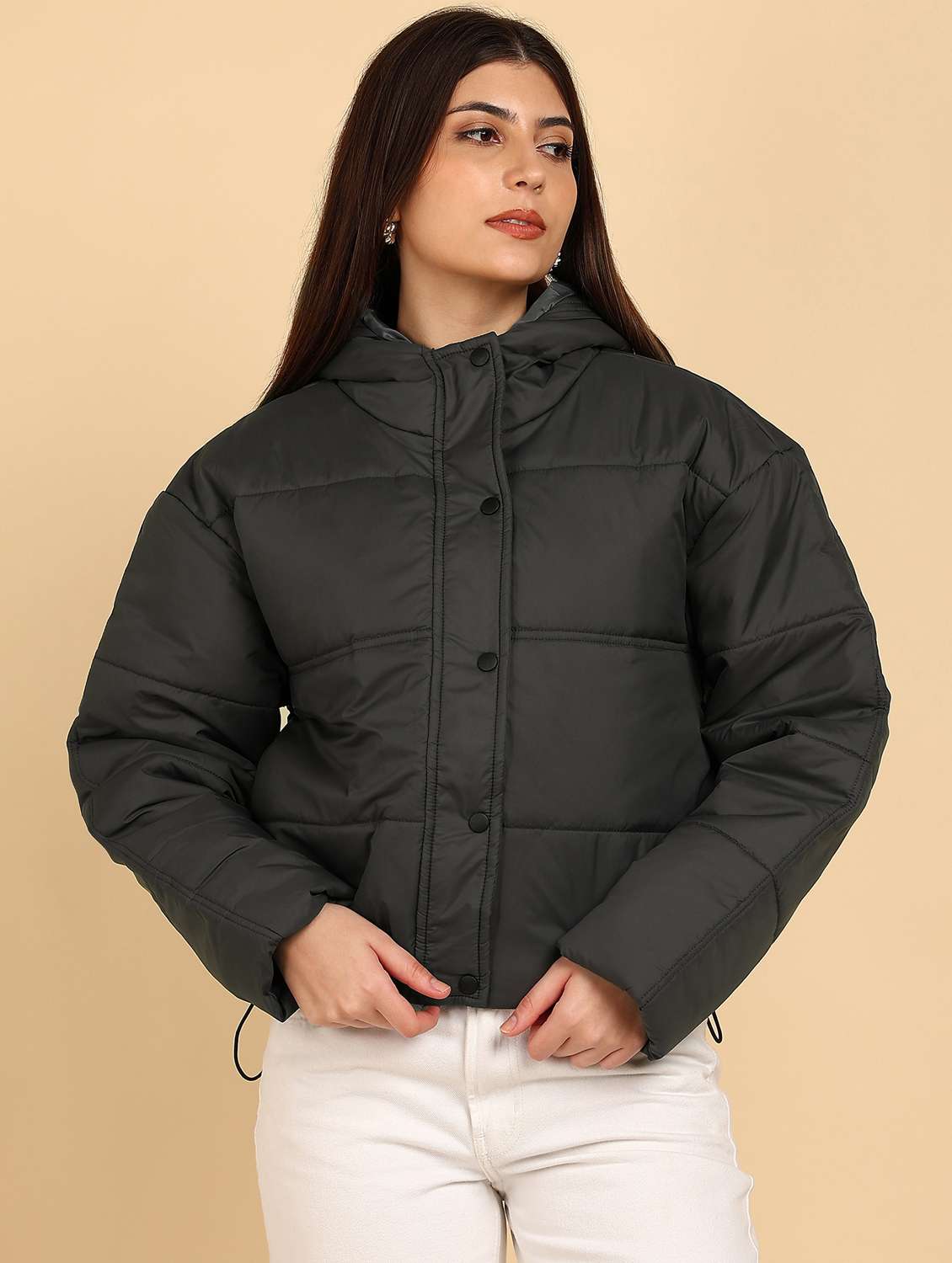 women solid long sleeve pufferjacket