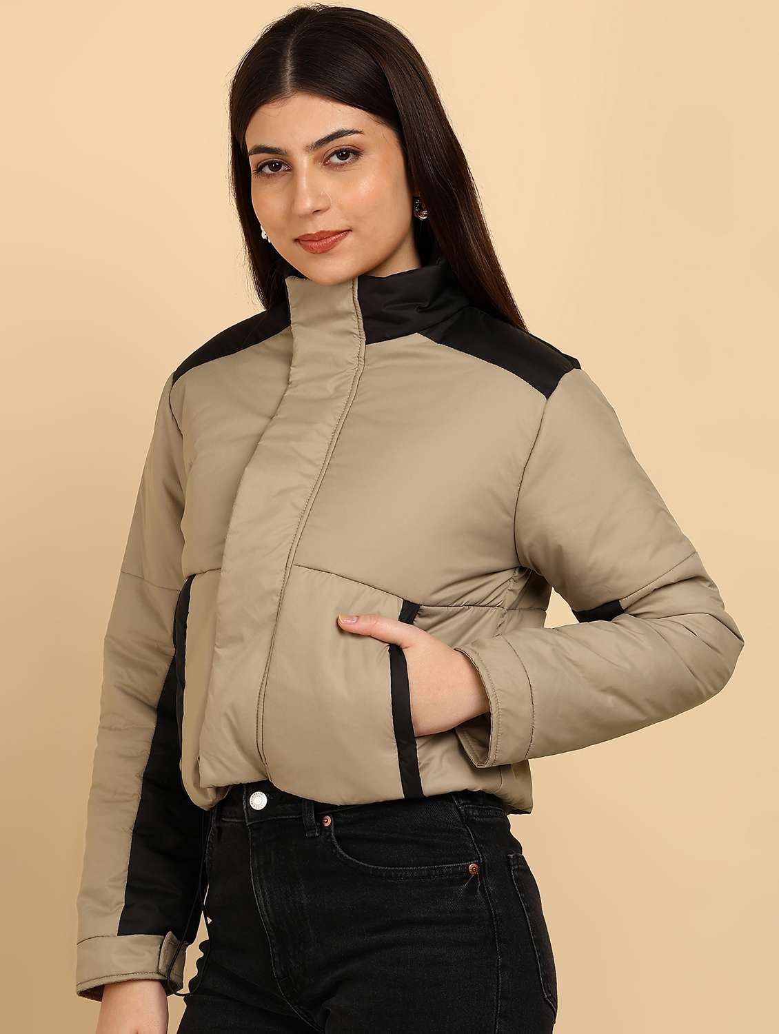 women color blocked long sleeve quilted jacket - 22181119 -  Standard Image - 1