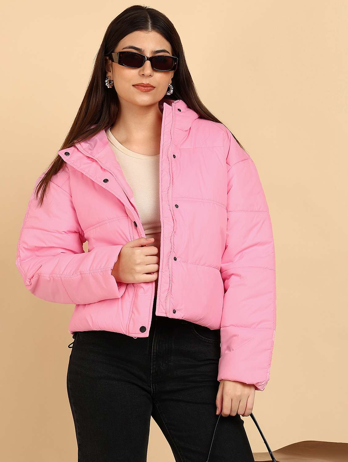 women solid long sleeve hooded quilted jacket