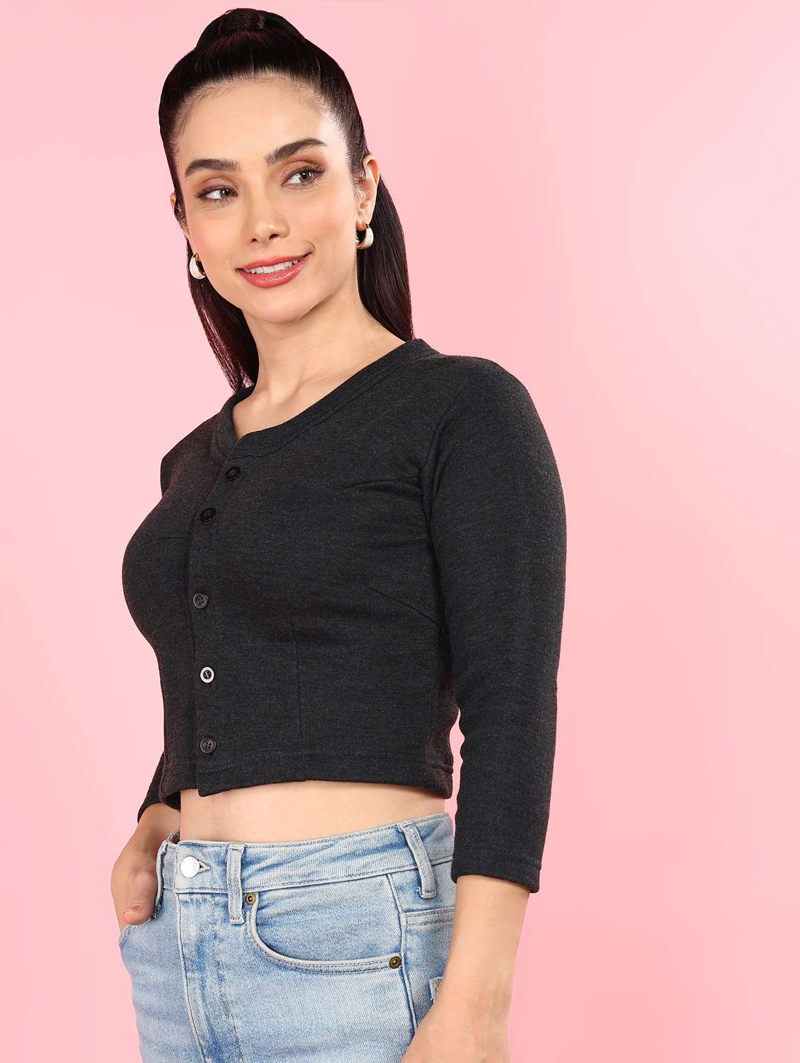 women solid three quarter sleeve thermal top - 22181129 -  Standard Image - 1