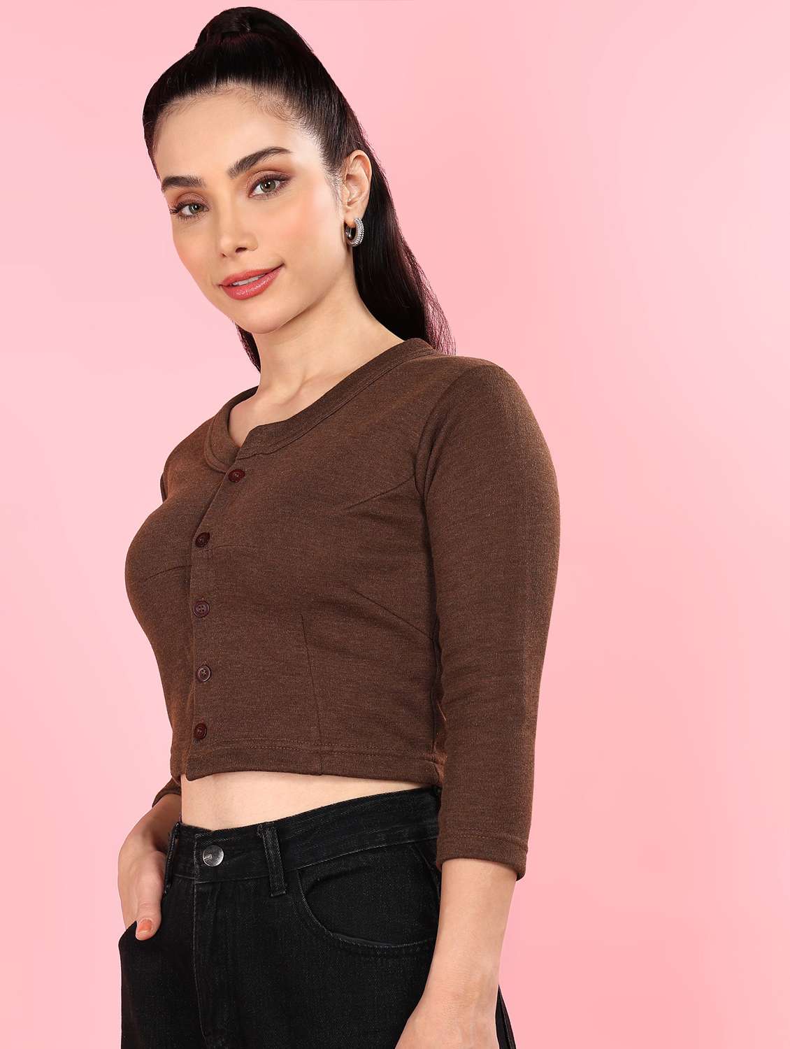 women solid three quarter sleeve thermal top - 22181131 -  Standard Image - 1