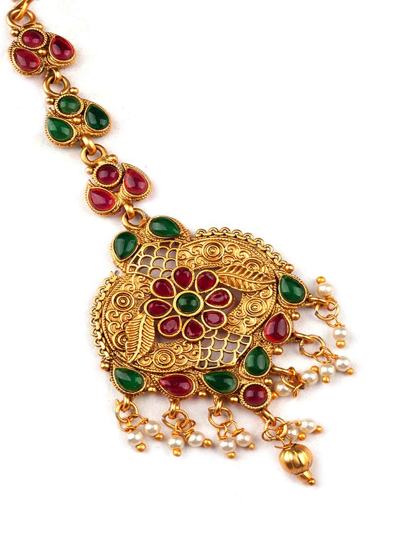 gold plated maangtika with pearl beads - 22181247 -  Standard Image - 1
