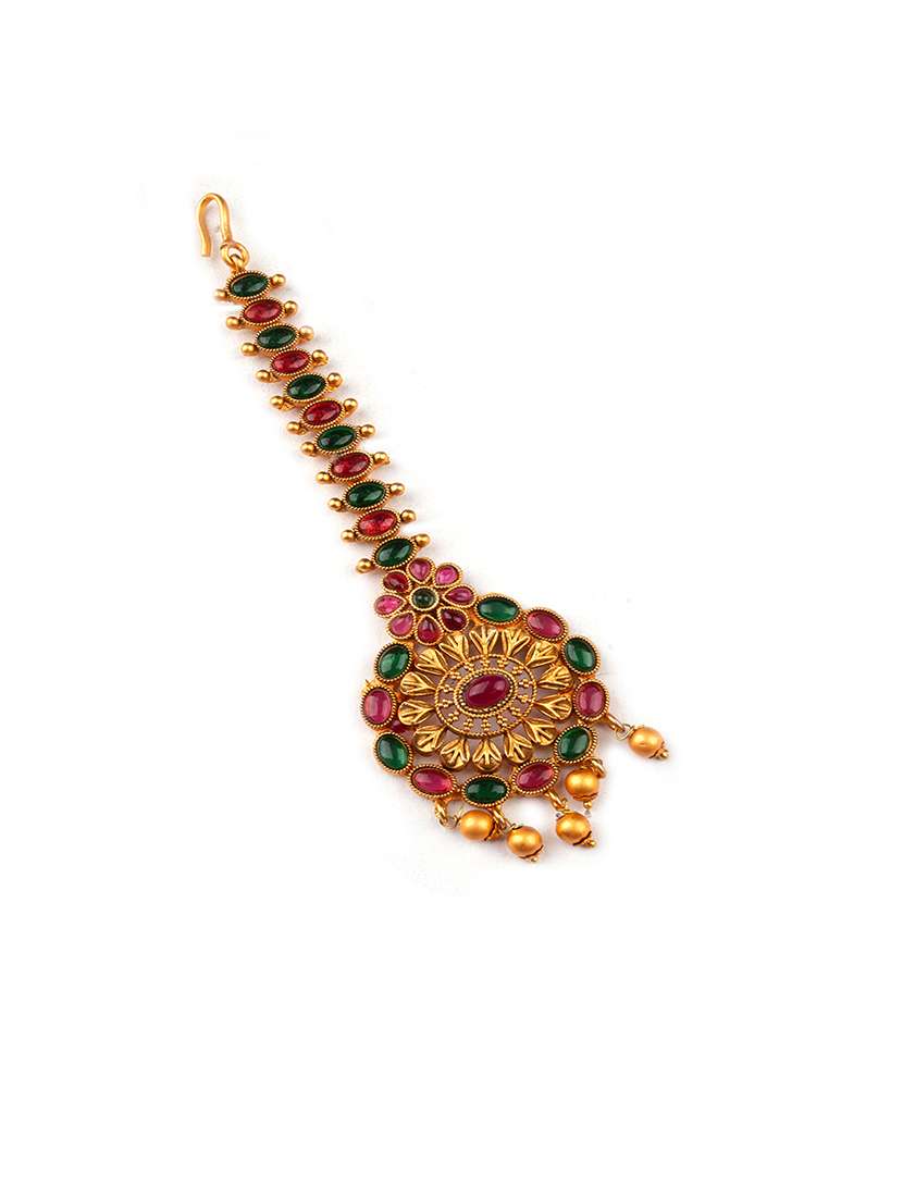 gold plated maangtika with beads - 22181248 -  Standard Image - 1