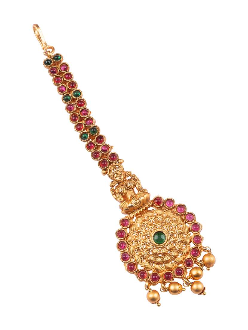 gold plated maangtika with beads - 22181249 -  Standard Image - 1