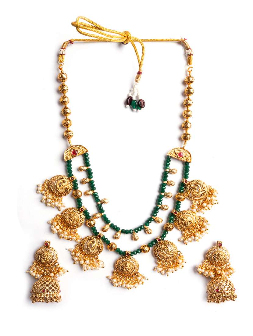 green beads double line filigree necklace set - 22181268 -  Standard Image - 1