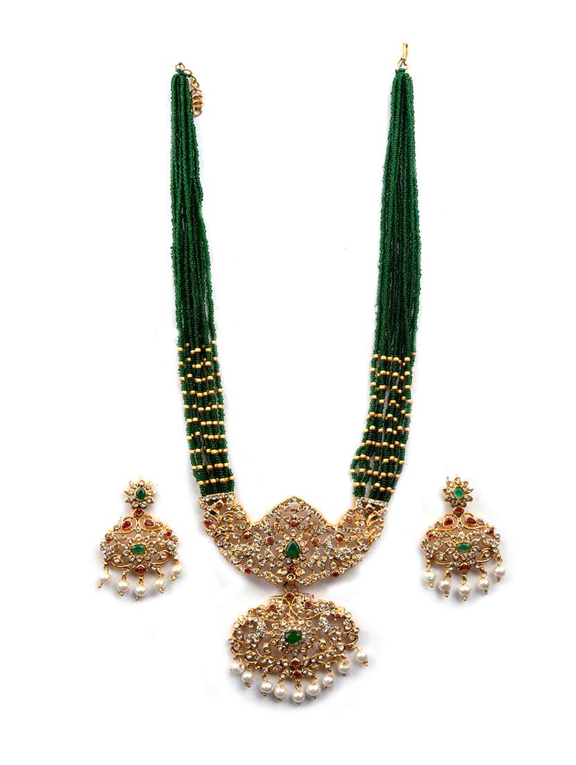 ad emeralds studded green beads layered long necklace - 22181287 -  Standard Image - 1