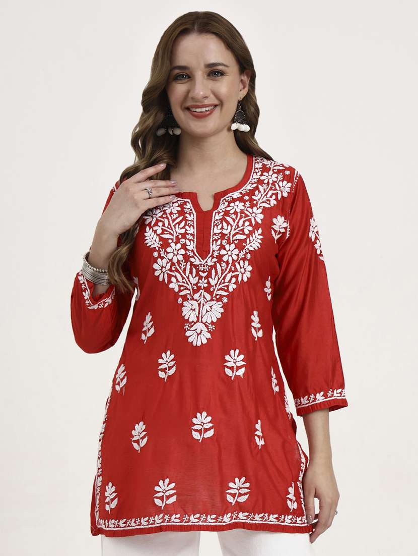 women solid with work long sleeve chikankari straight kurti - 22181358 -  Standard Image - 1