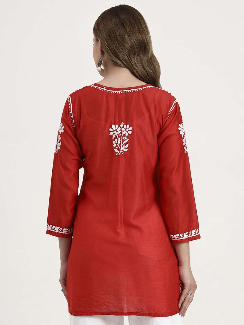 women solid with work long sleeve chikankari straight kurti - 22181358 -  Standard Image - 4