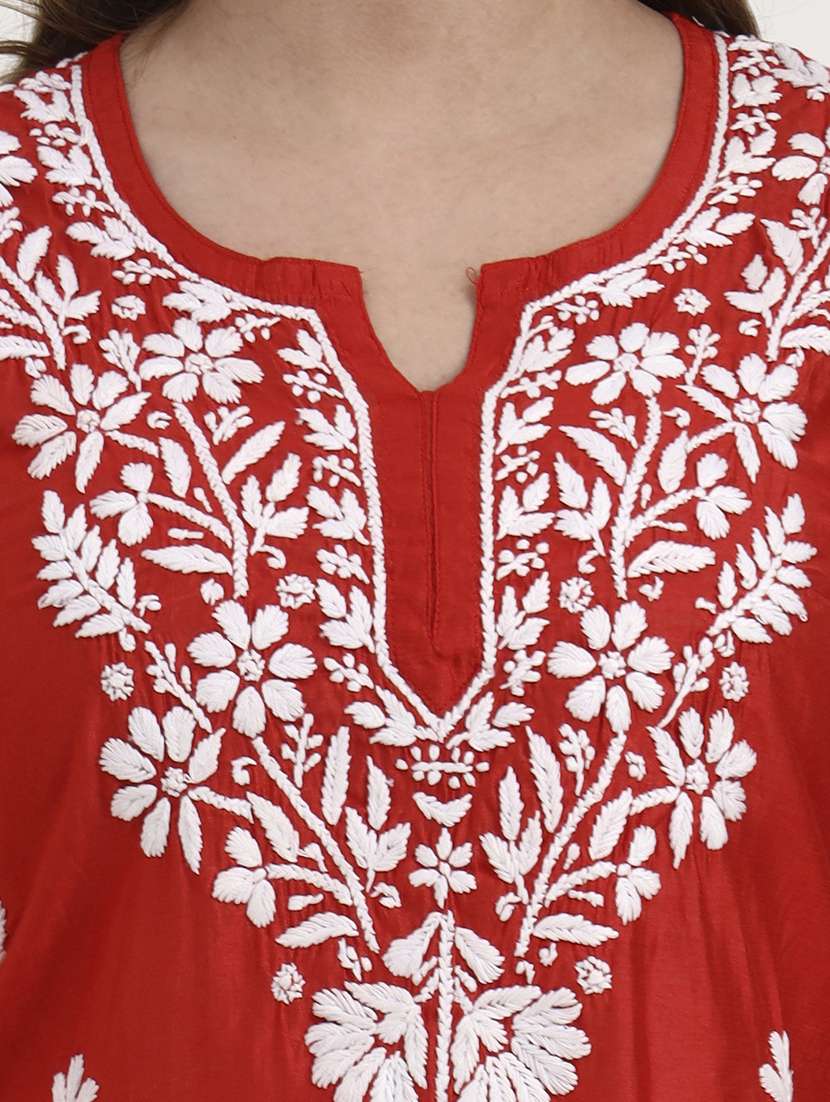 women solid with work long sleeve chikankari straight kurti - 22181358 -  Standard Image - 6
