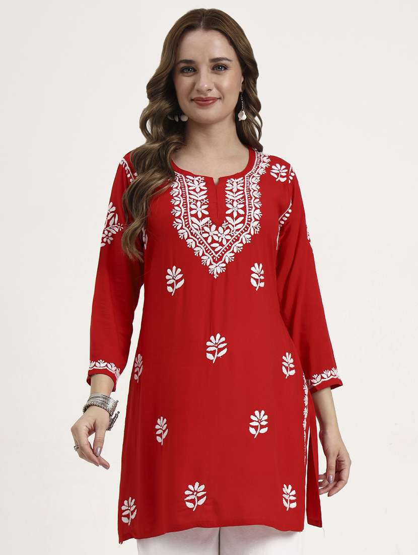 women solid with work long sleeve chikankari straight kurti
