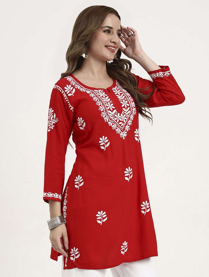 women solid with work long sleeve chikankari straight kurti - 22181360 -  Standard Image - 1