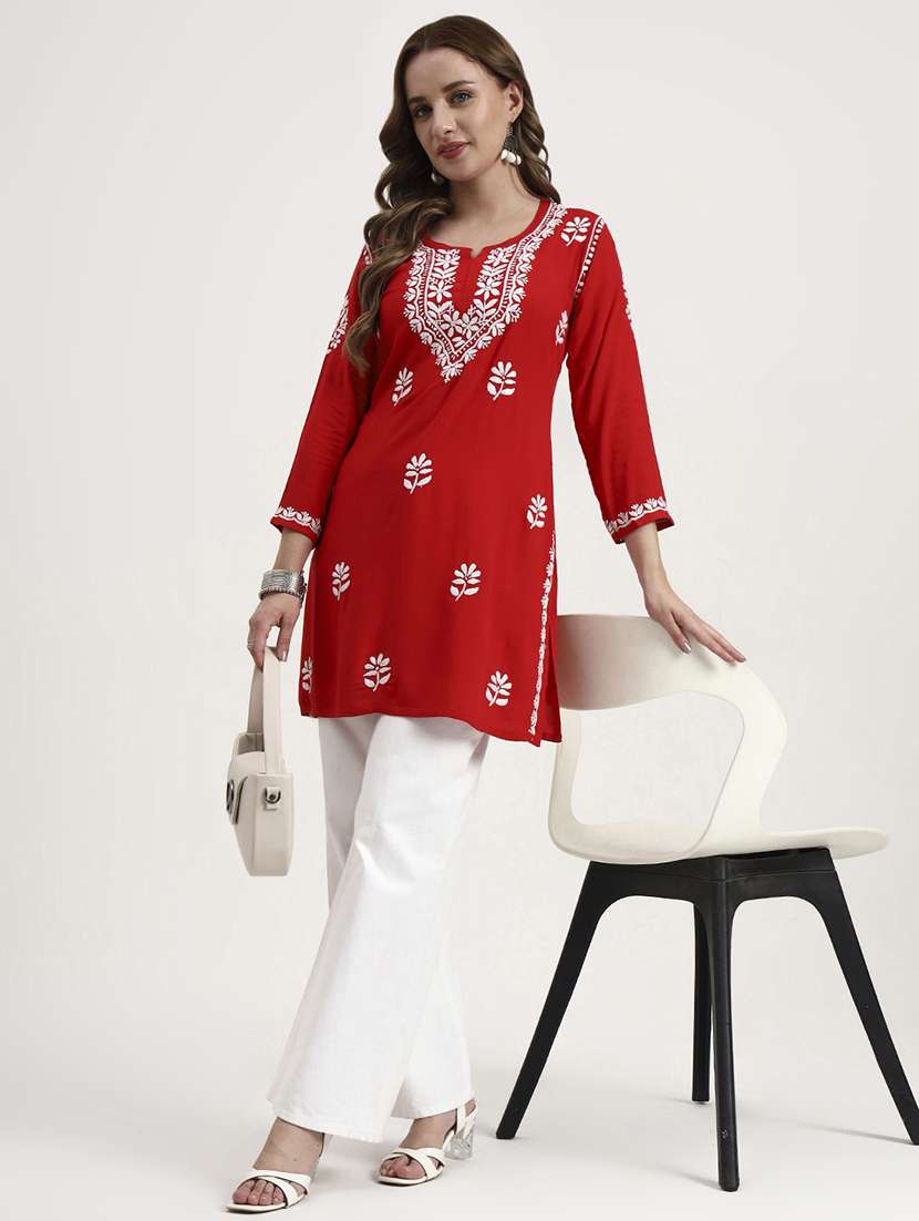 women solid with work long sleeve chikankari straight kurti - 22181360 -  Standard Image - 4