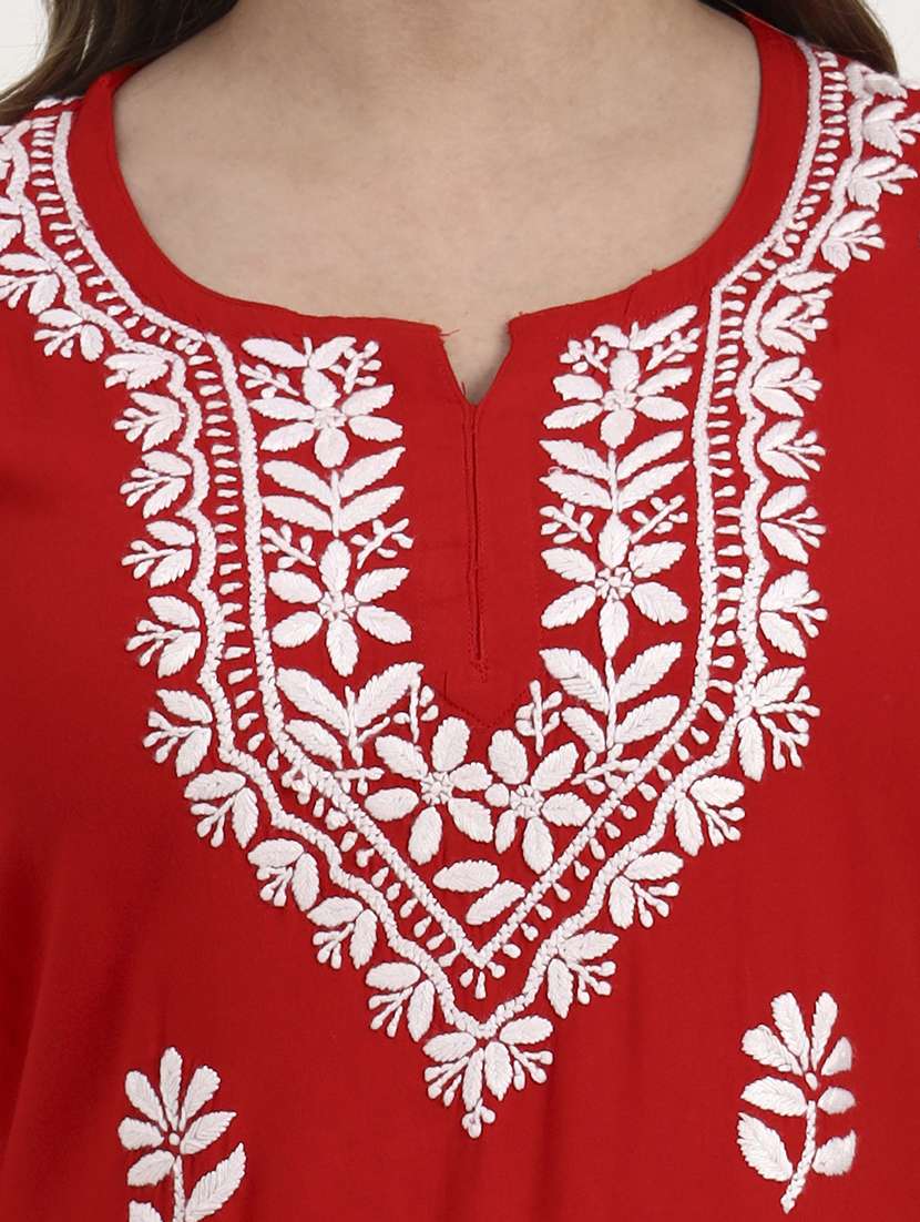 women solid with work long sleeve chikankari straight kurti - 22181360 -  Standard Image - 6