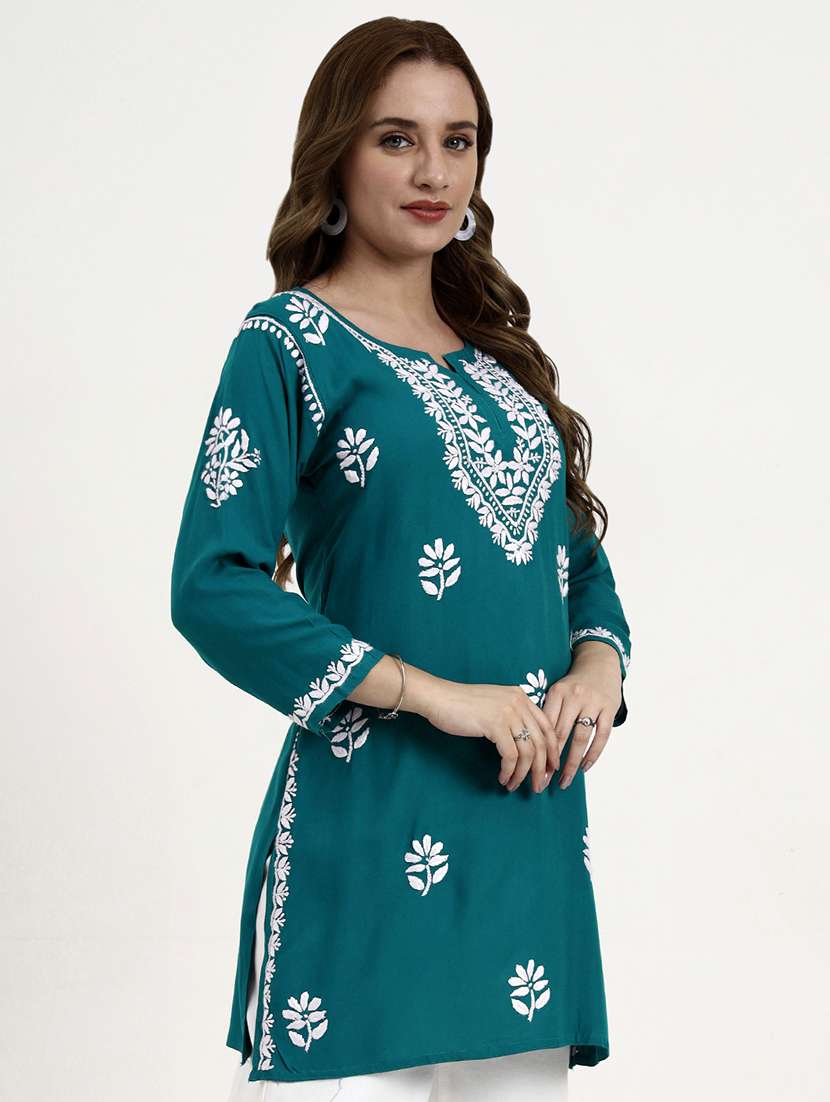 women solid with work long sleeve chikankari straight kurti - 22181361 -  Standard Image - 1