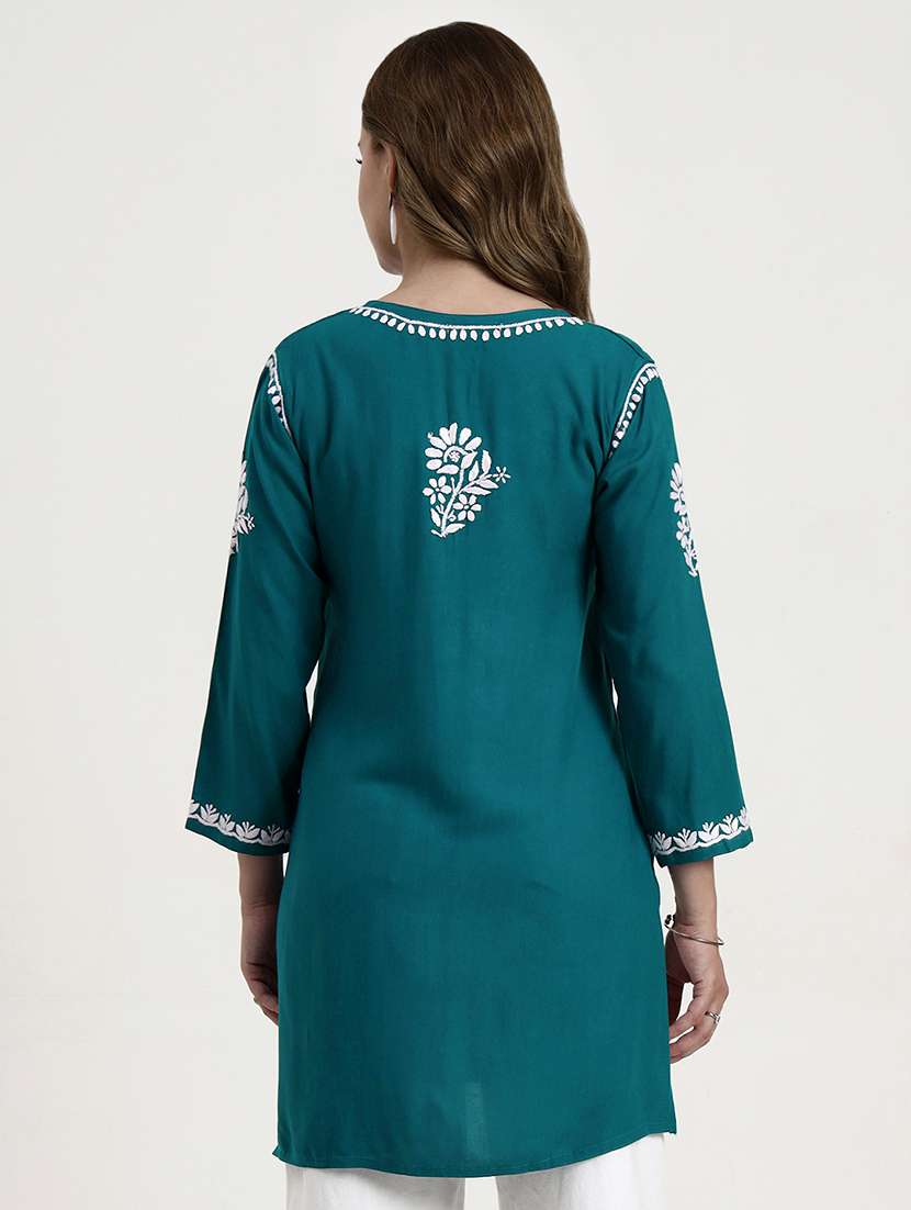 women solid with work long sleeve chikankari straight kurti - 22181361 -  Standard Image - 4