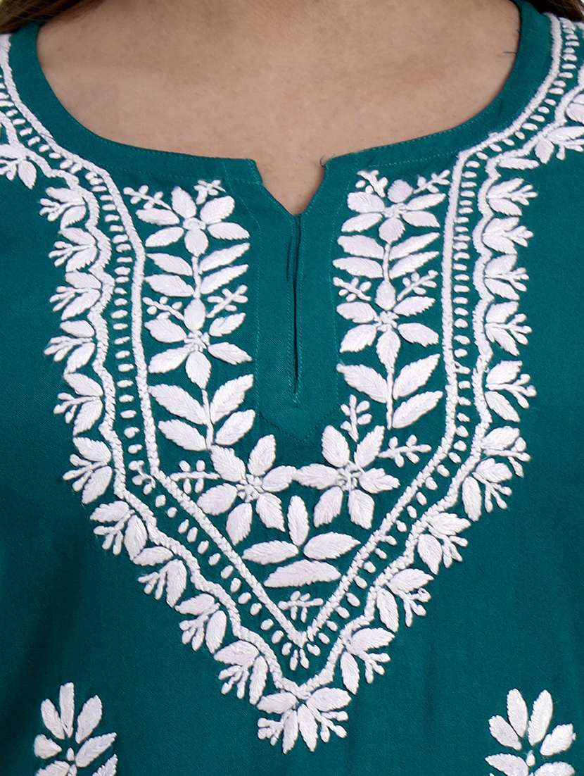 women solid with work long sleeve chikankari straight kurti - 22181361 -  Standard Image - 6