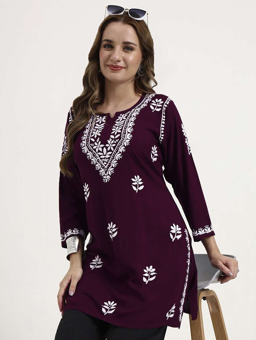women solid with work long sleeve chikankari straight kurti - 22181362 -  Standard Image - 1
