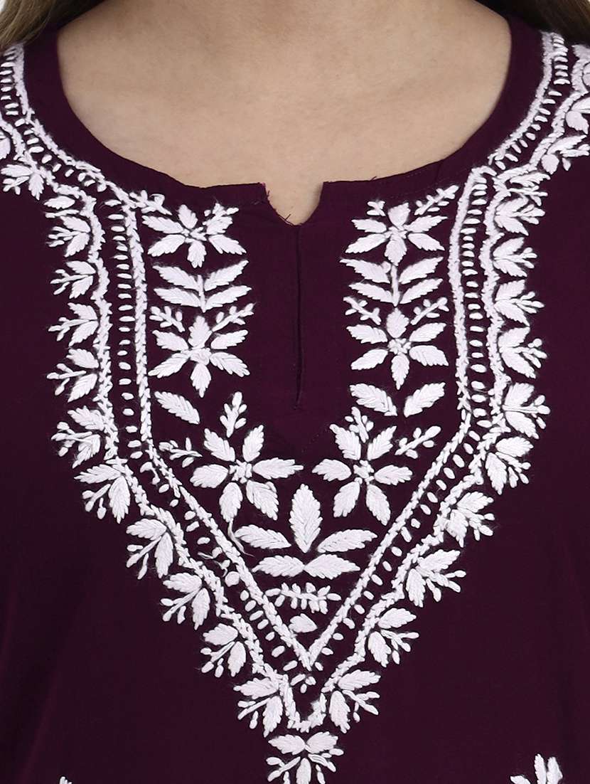 women solid with work long sleeve chikankari straight kurti - 22181362 -  Standard Image - 6