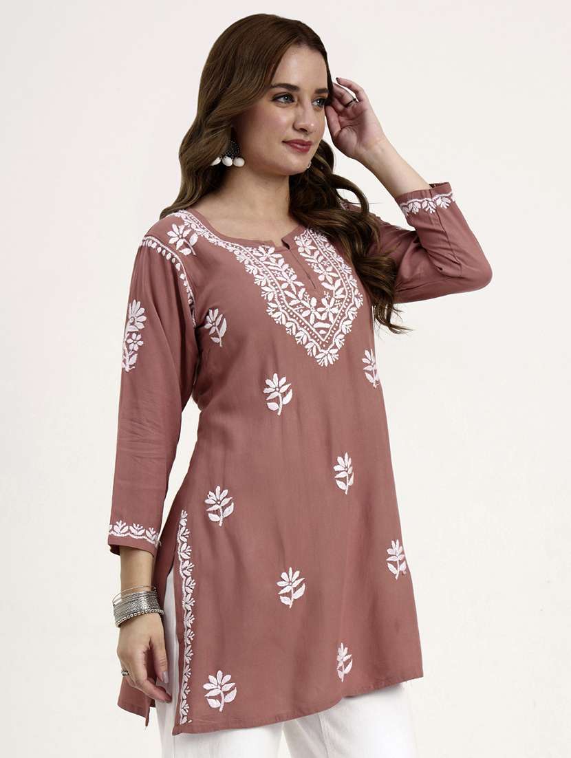 women solid with work long sleeve chikankari straight kurti - 22181364 -  Standard Image - 1