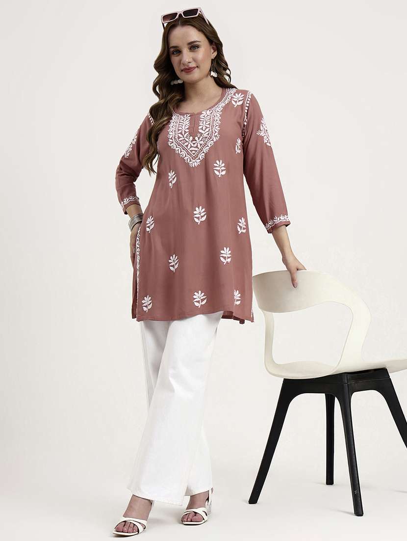 women solid with work long sleeve chikankari straight kurti - 22181364 -  Standard Image - 4