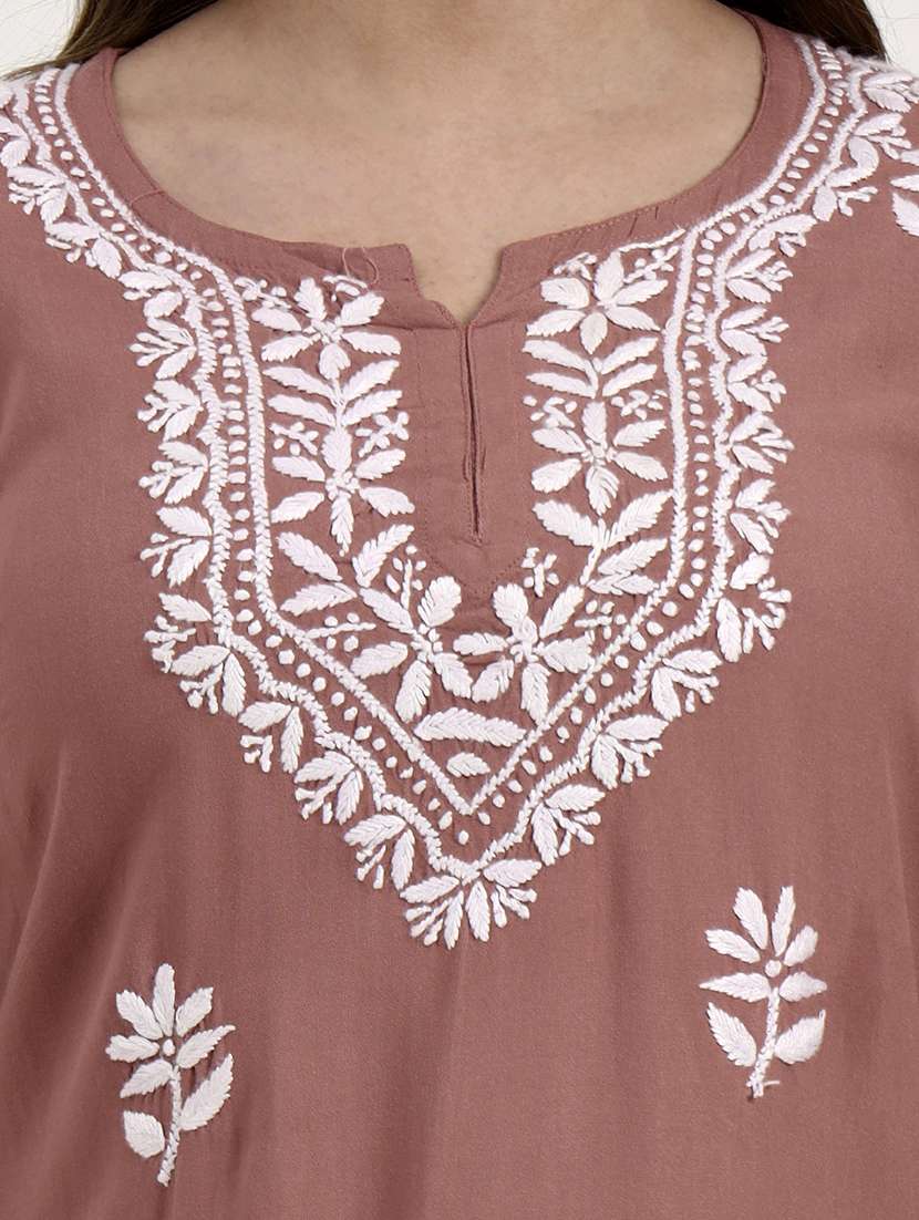 women solid with work long sleeve chikankari straight kurti - 22181364 -  Standard Image - 6