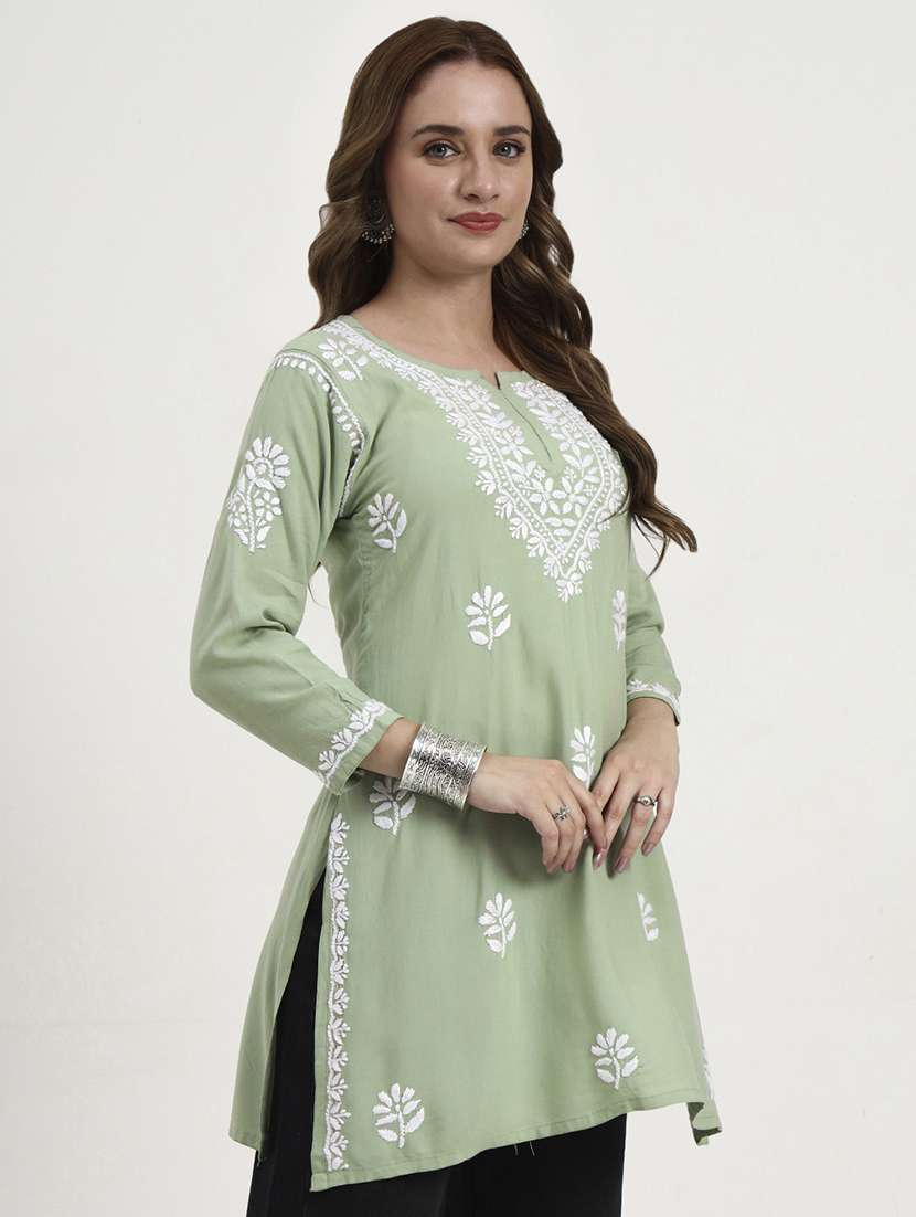 women solid with work long sleeve chikankari straight kurti - 22181365 -  Standard Image - 1