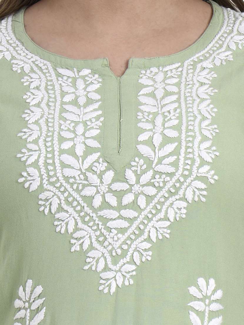 women solid with work long sleeve chikankari straight kurti - 22181365 -  Standard Image - 6