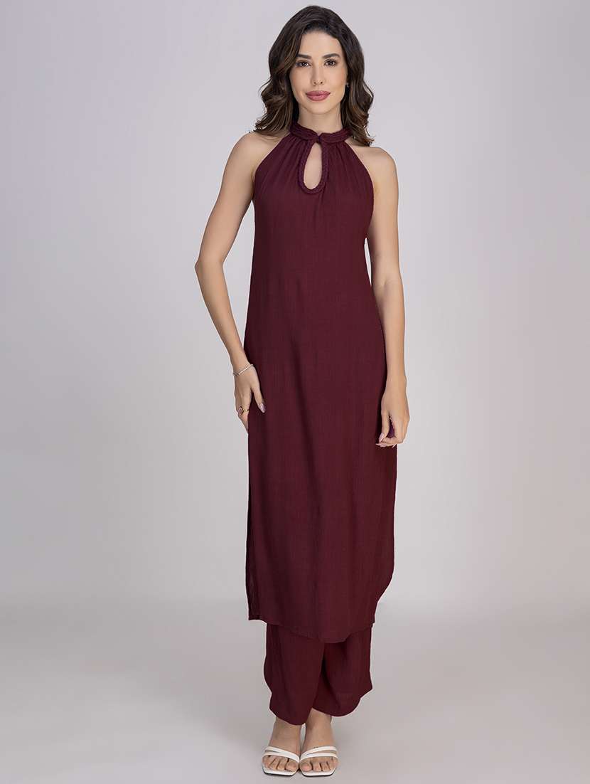 women solid halter neck n a-line kurta