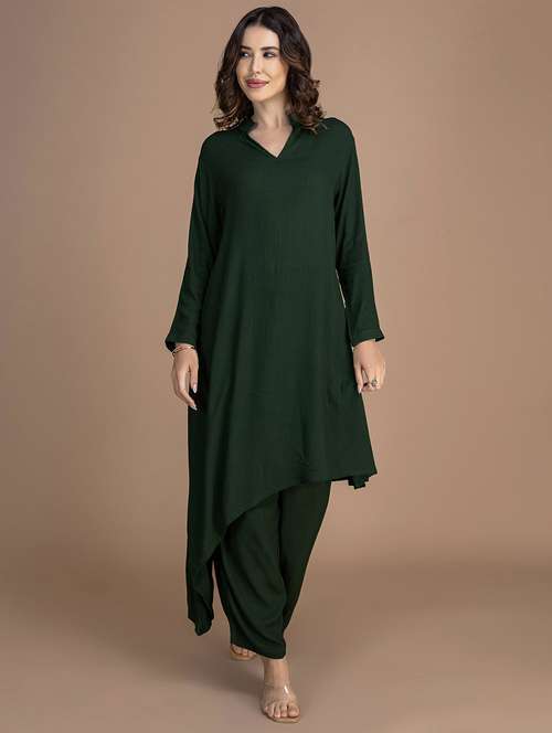 women solid long sleeve asymmetric kurta - 22181384 -  Standard Image - 0