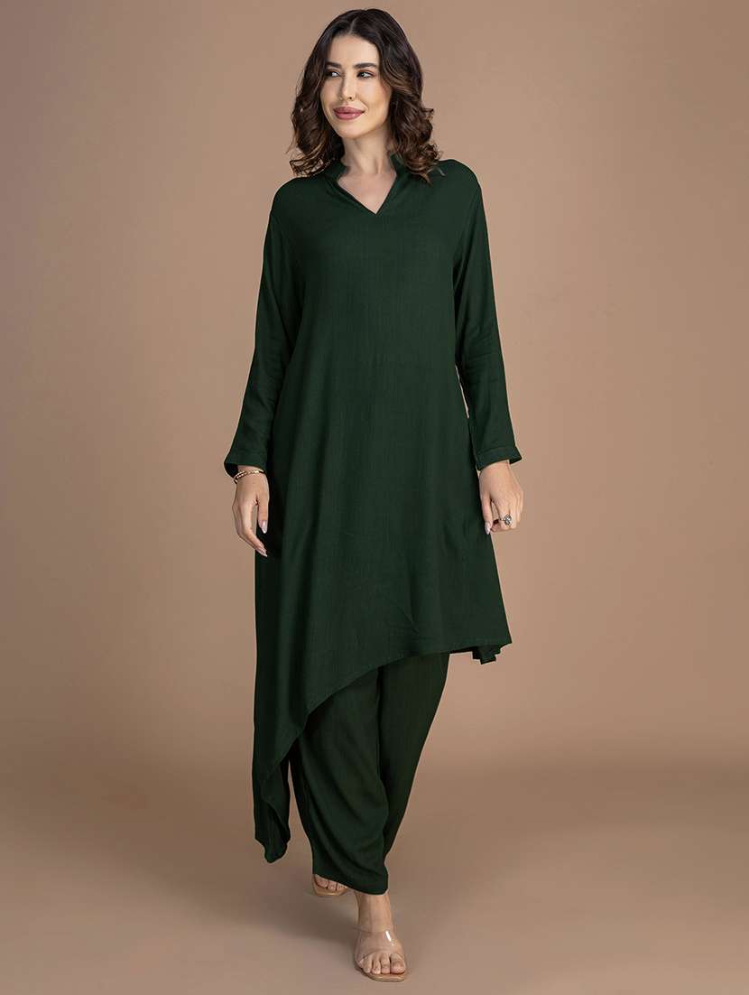 women solid long sleeve asymmetric kurta