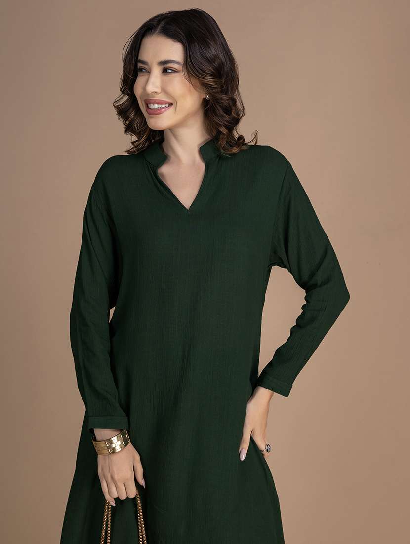 women solid long sleeve asymmetric kurta - 22181384 -  Standard Image - 4
