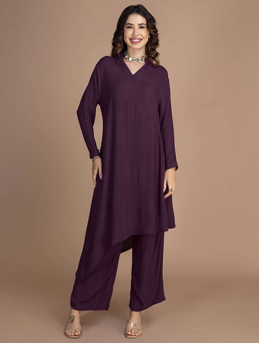 women solid long sleeve asymmetric kurta