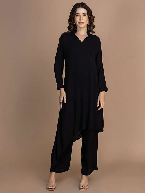 women solid long sleeve asymmetric kurta - 22181386 -  Standard Image - 0