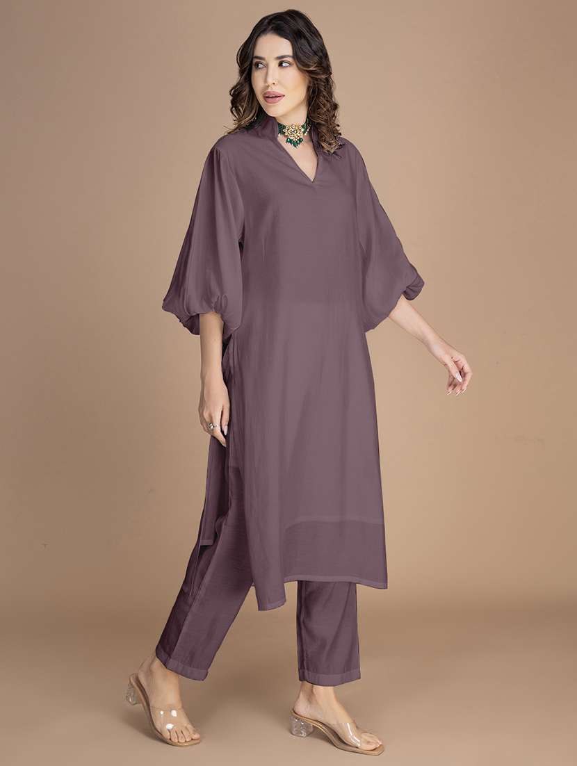 women solid bishop sleeve straight kurta - 22181390 -  Standard Image - 1