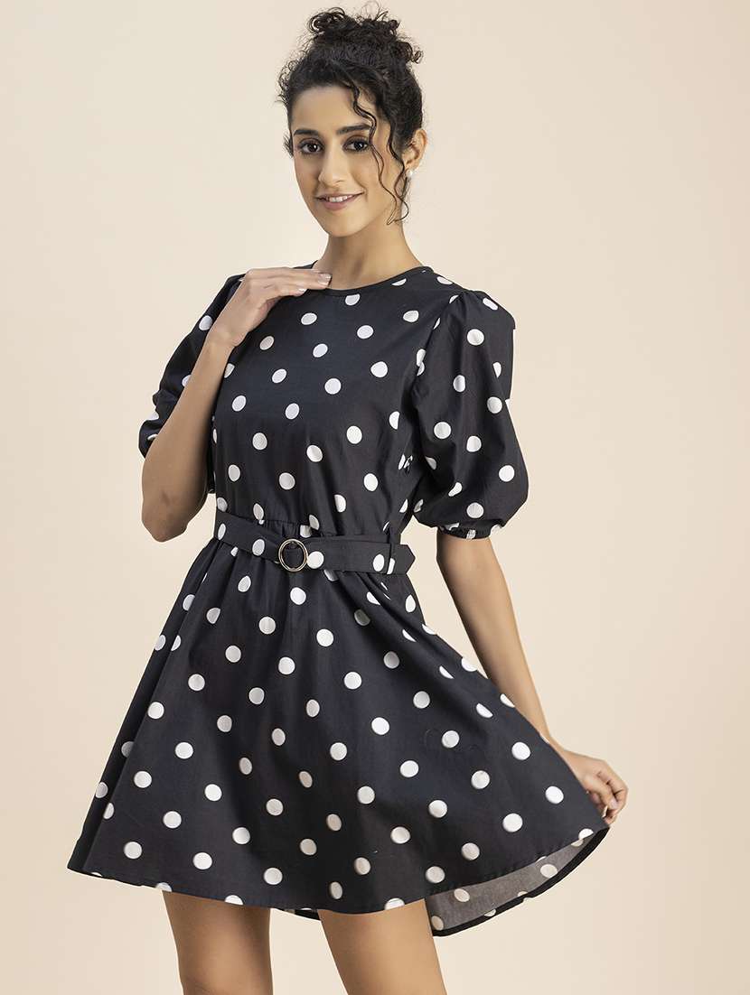 women polka doted puff sleeve a-line dress - 22181426 -  Standard Image - 1