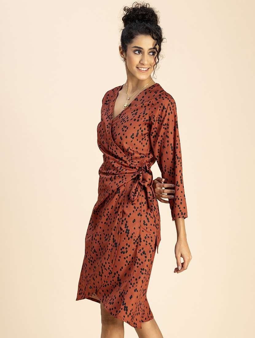 women printed long sleeve wrap dress - 22181428 -  Standard Image - 1