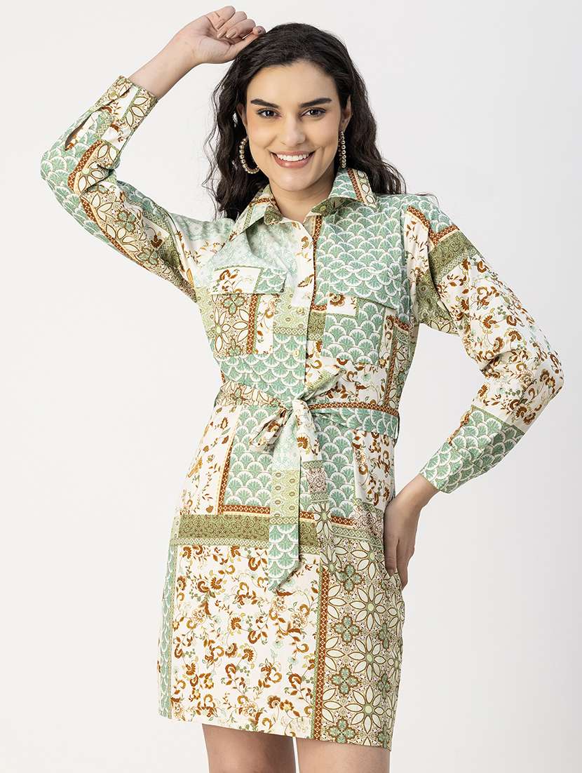 women printed collared long sleeve dress - 22181429 -  Standard Image - 1