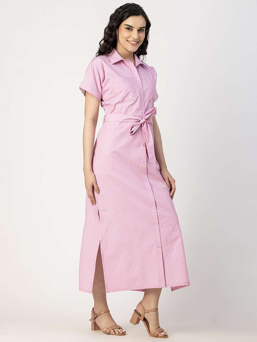 Women Striped Collared Short Sleeve Shirt Dress - 22181430 -  Standard Image - 1