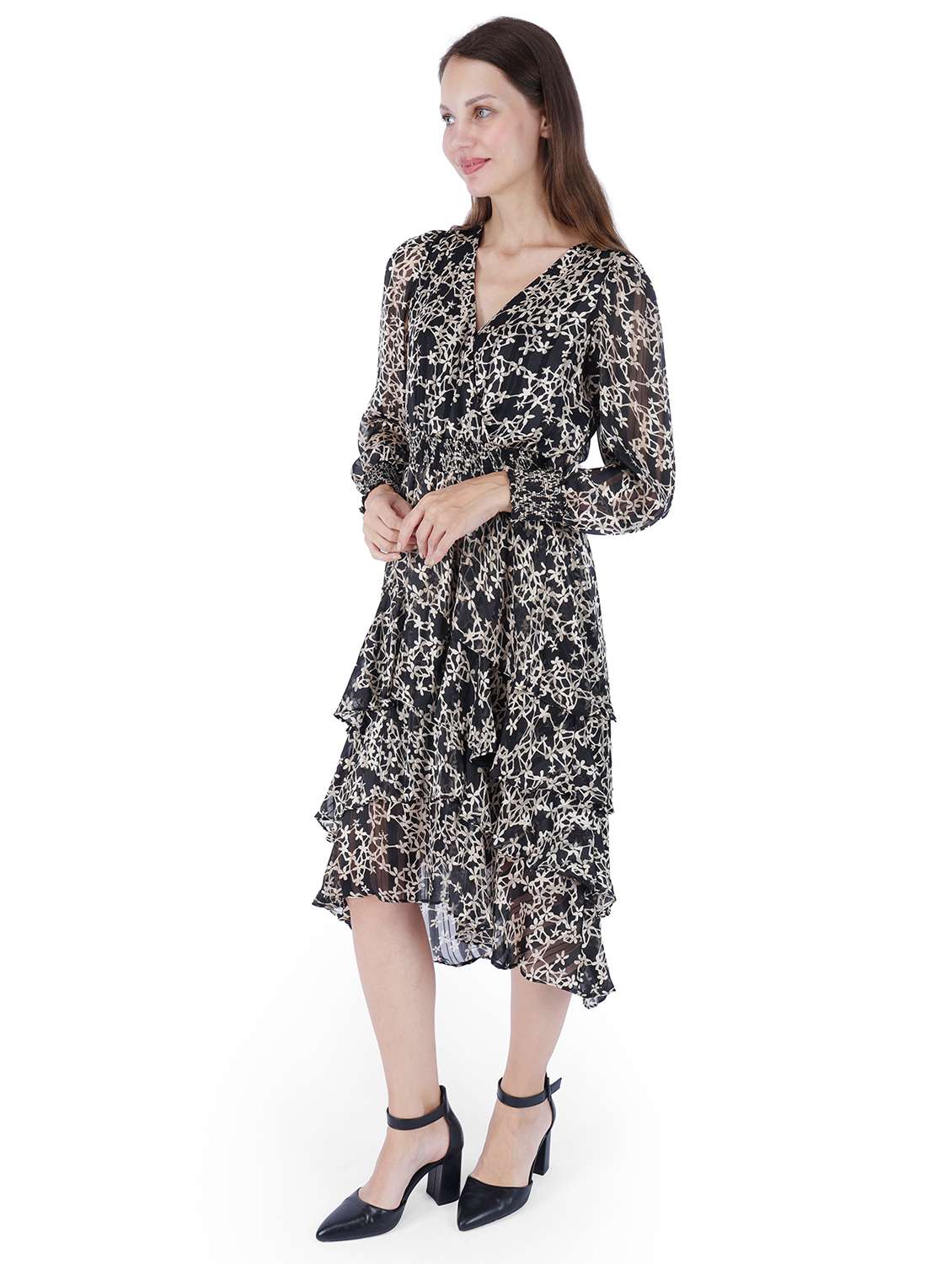 women printed puff sleeve ruffle dress - 22181431 -  Standard Image - 1