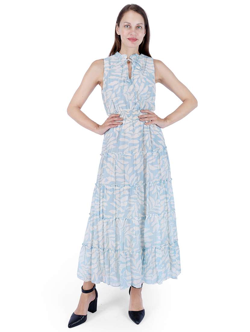 women printed tie-up neck sleeveless tiered dress