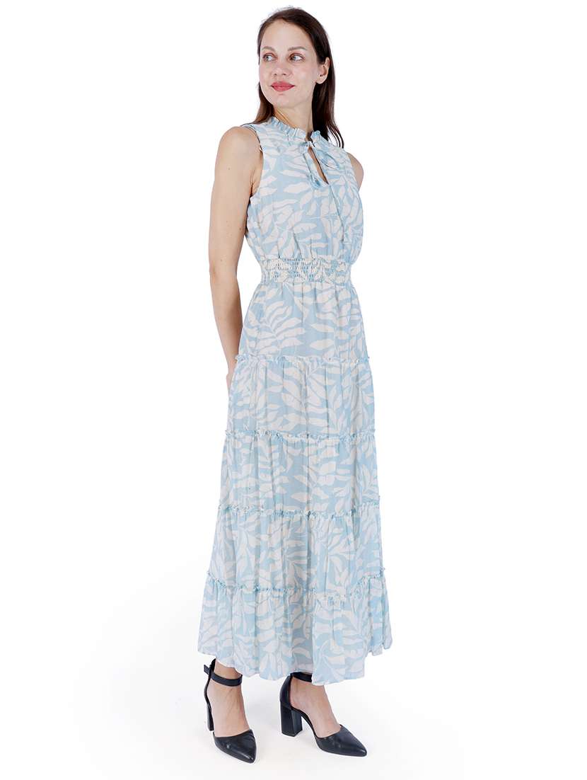 women printed tie-up neck sleeveless tiered dress - 22181434 -  Standard Image - 1