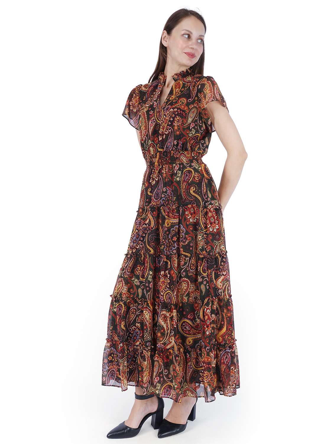 women printed mandarin neck fit & flared dress - 22181437 -  Standard Image - 1