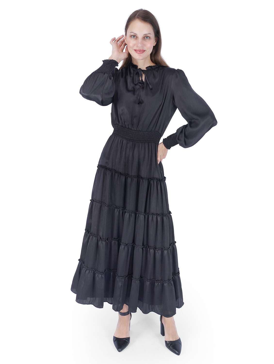 women solid tie-up neck puff sleeve tiered dress