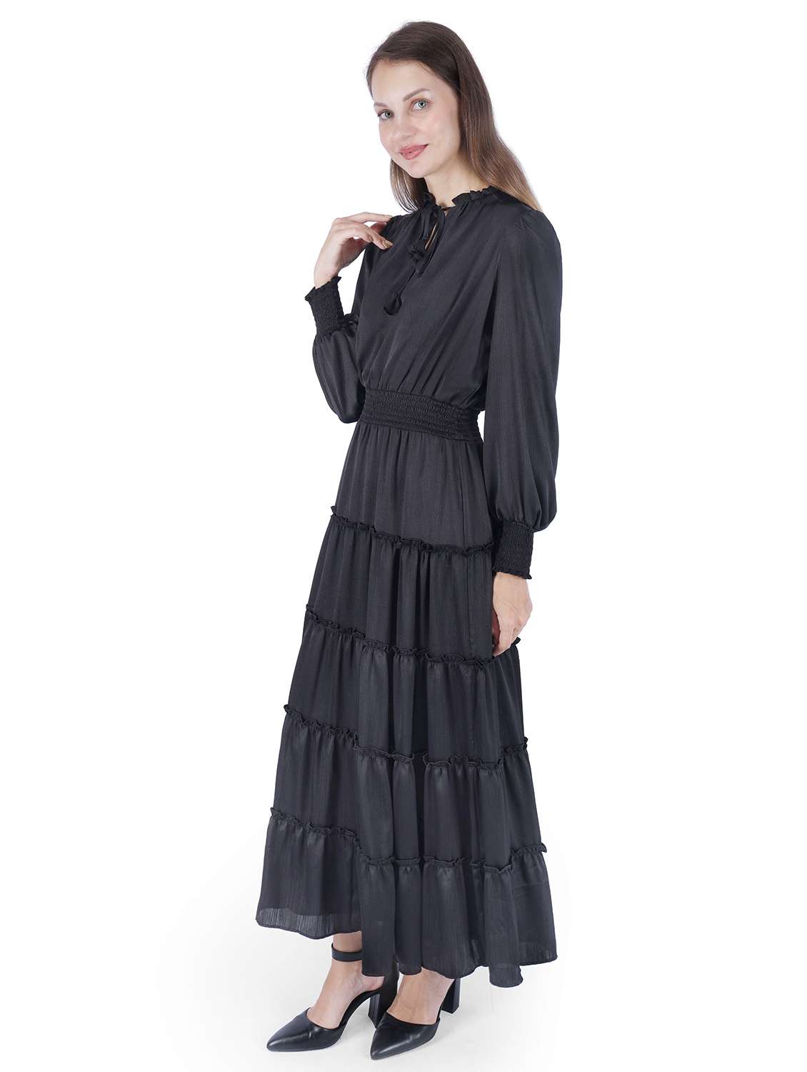women solid tie-up neck puff sleeve tiered dress - 22181438 -  Standard Image - 1
