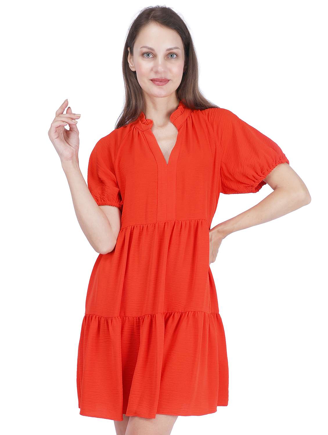 women solid puff sleeve tiered dress - 22181446 -  Standard Image - 4