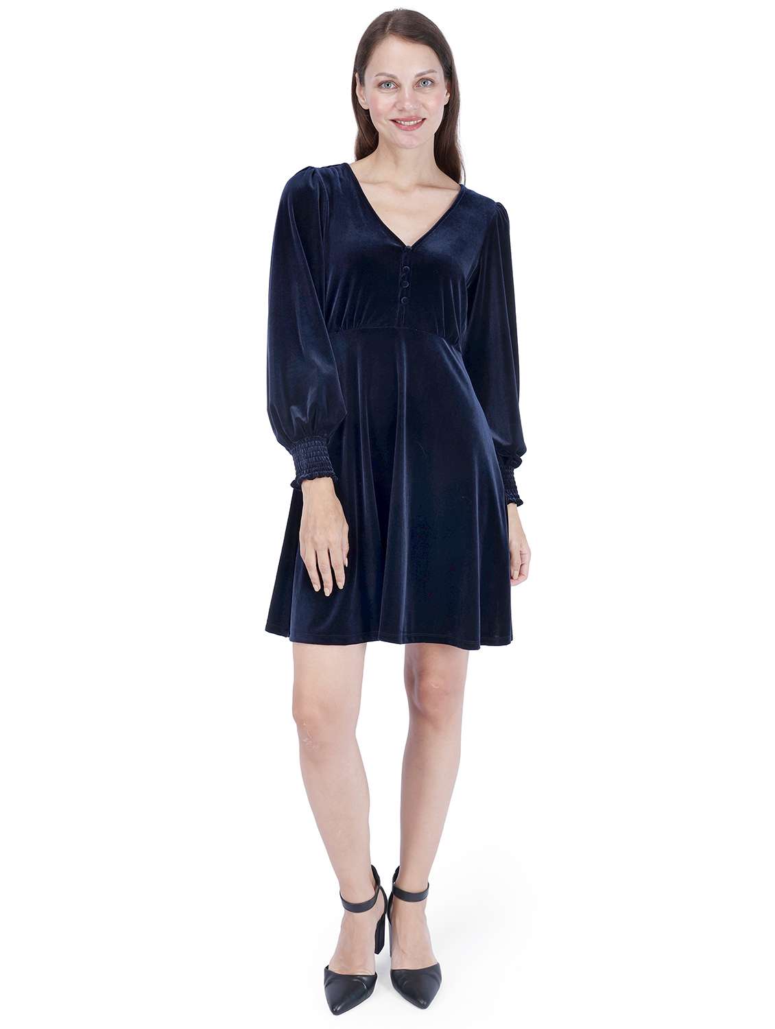 women solid puff sleeve a-line dress