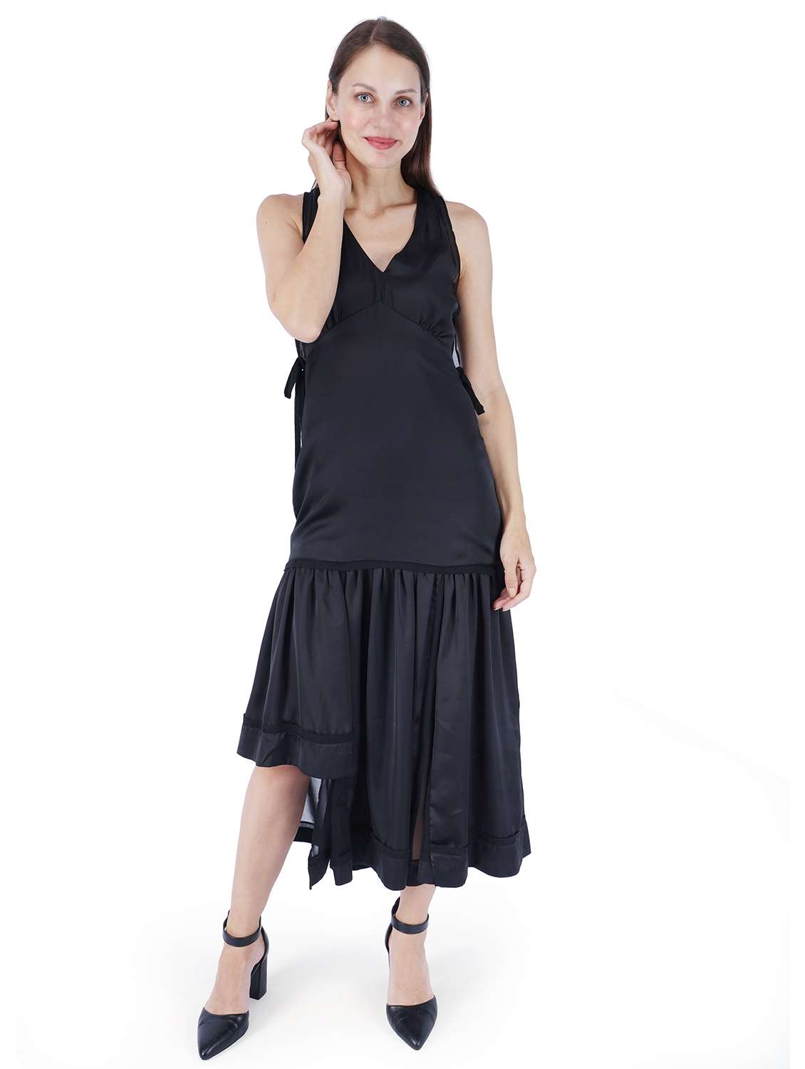women black solid sleeveless asymmteric dress
