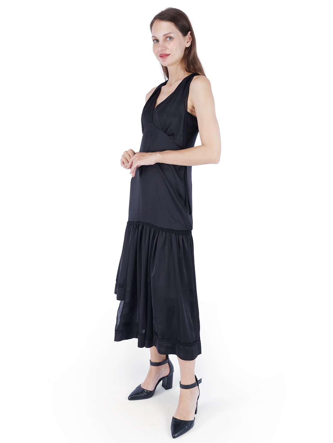 women black solid sleeveless asymmteric dress - 22181451 -  Standard Image - 1