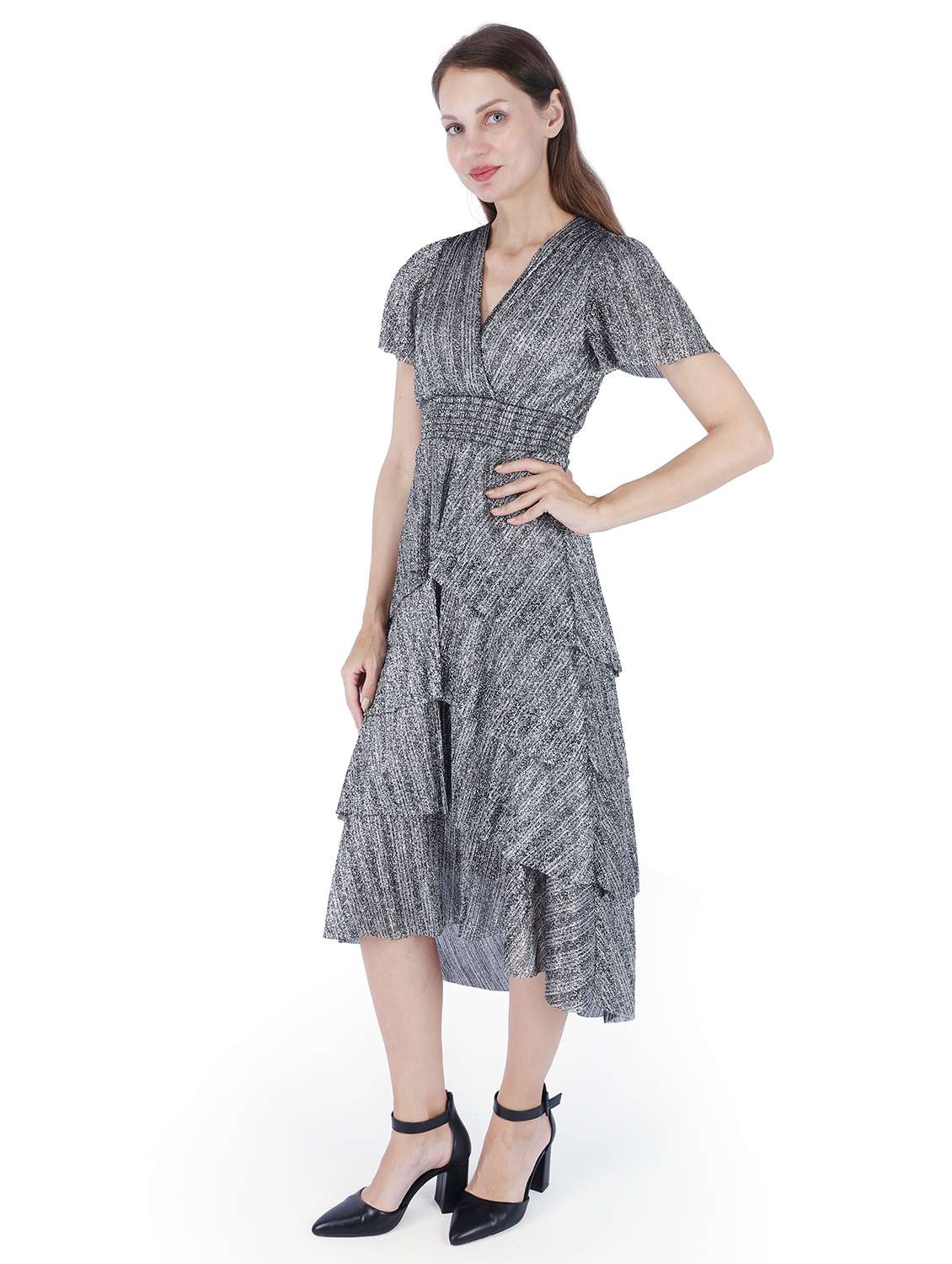 women printed overlap neck layered dress - 22181453 -  Standard Image - 1