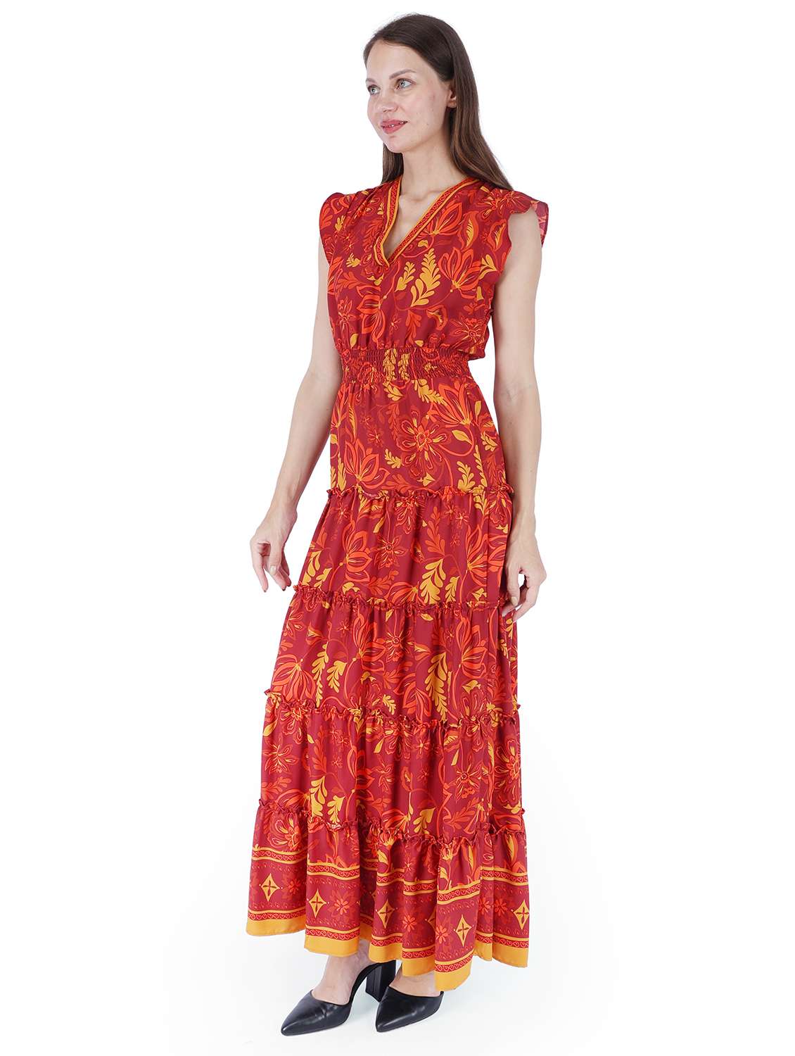 women printed sleeeveless tiered dress - 22181455 -  Standard Image - 1